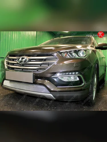 Защитная сетка на бампер (рестайлинг) Russtal (хром) Hyundai Santa Fe DM дорестайлинг (2012-2016)