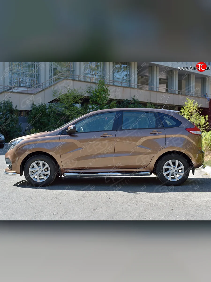 Защита порогов с пластиковыми вставками для ног из круглой трубы диаметром 76 мм SLITKOFF Лада ВАЗ XRAY (2016-2022)  с доставкой в г. Пермь