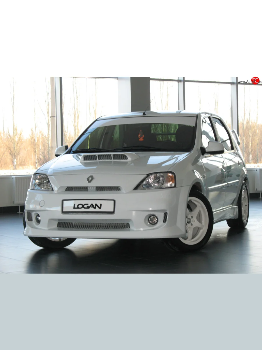 Передний бампер Power DM Renault Logan 1 дорестайлинг (2004-2010) (Без сетки, Неокрашенный)  в Перми Пермском крае