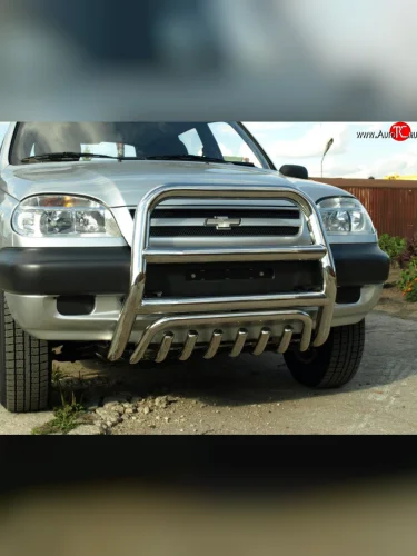 Усиленная высокая защита переднего бампера и двигателя из нержавеющей трубы 76 мм Chevrolet Niva  2123 (2002-2008), Лада ВАЗ 2123 (Нива Шевроле) (2002-2008)