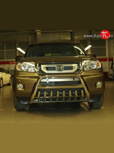 Усиленная высокая защита переднего бампера с защитой картера из трубы диаметром 76 мм Металл Дизайн Honda Pilot  YF4 (2008-2015) дорестайлинг, рестайлинг