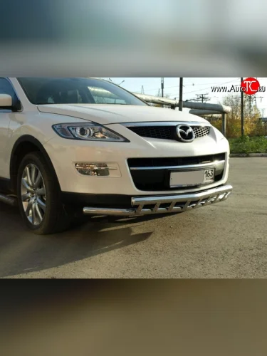 Двойная защита переднего бампера d63.5 мм с пластинами Металл Дизайн (полированная нержавейка) Mazda CX-9  TB (2007-2012) дорестайлинг, 1-ый рестайлинг