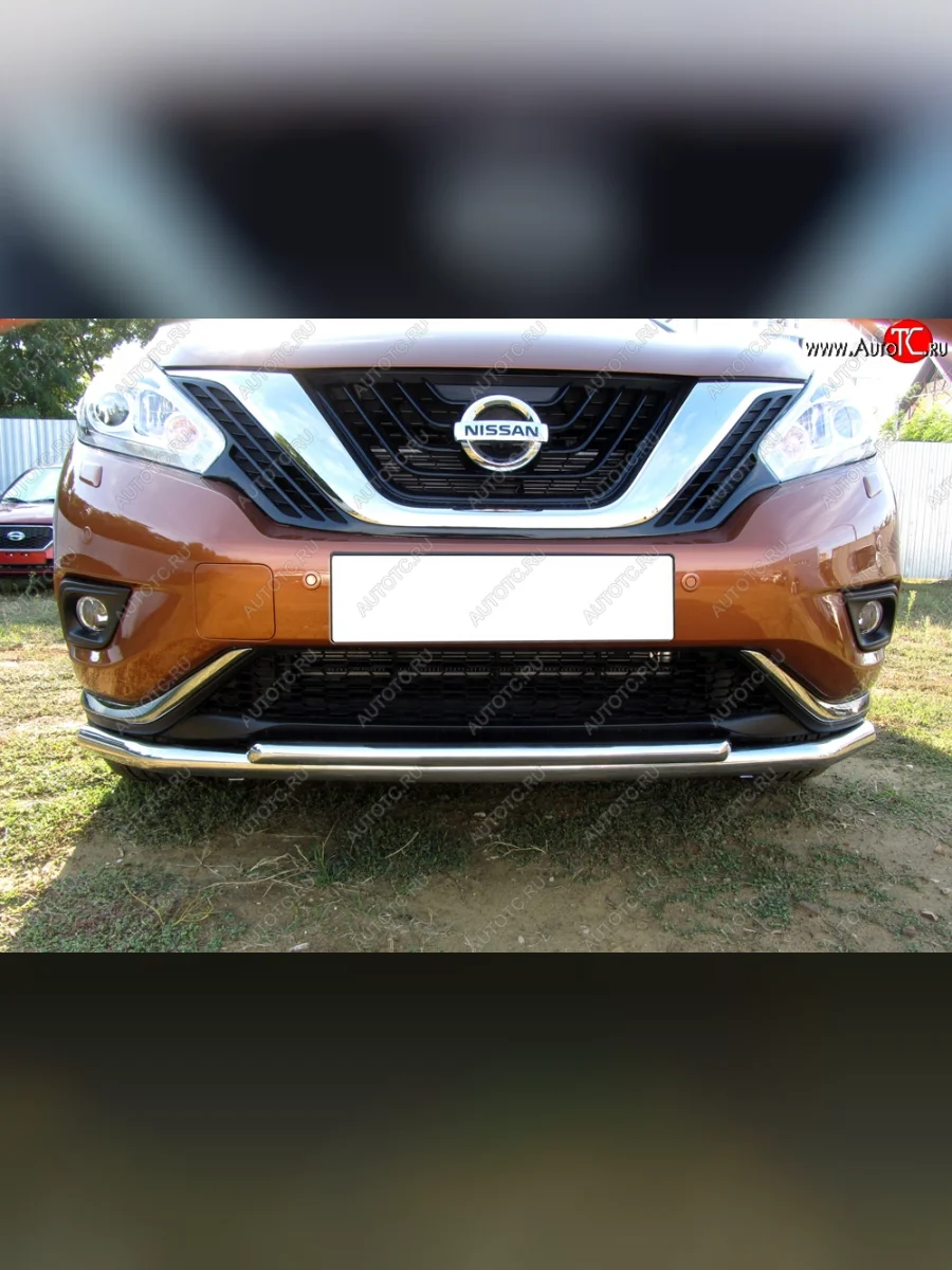 Двойная защита переднего бампера из труб диаметром 57 и 42 мм Slitkoff Nissan Murano 3 Z52 дорестайлинг (2015-2022) (Нержавейка, Полированная)  в Самаре Самарской области