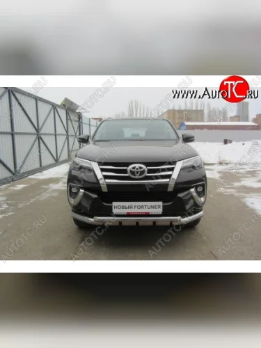 Защита переднего бампера из труб диаметрами 76 и 57 мм с зубьями Slitkoff Toyota Fortuner  AN160 (2015-2020) дорестайлинг