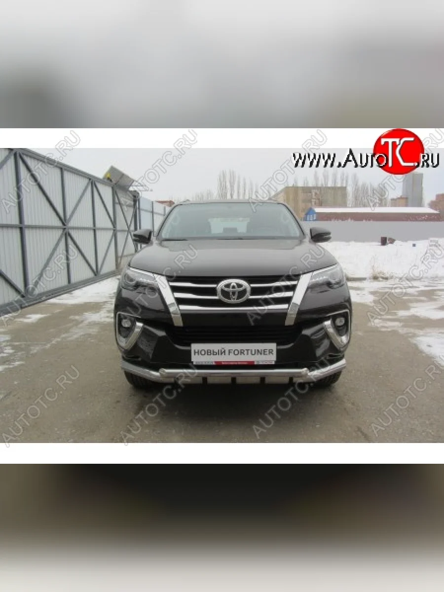 Защита переднего бампера из труб диаметрами 76 и 57 мм с зубьями Slitkoff Toyota Fortuner AN160 дорестайлинг (2015-2020) (Цвет: нержавеющая полированная сталь)  в Перми Пермском крае