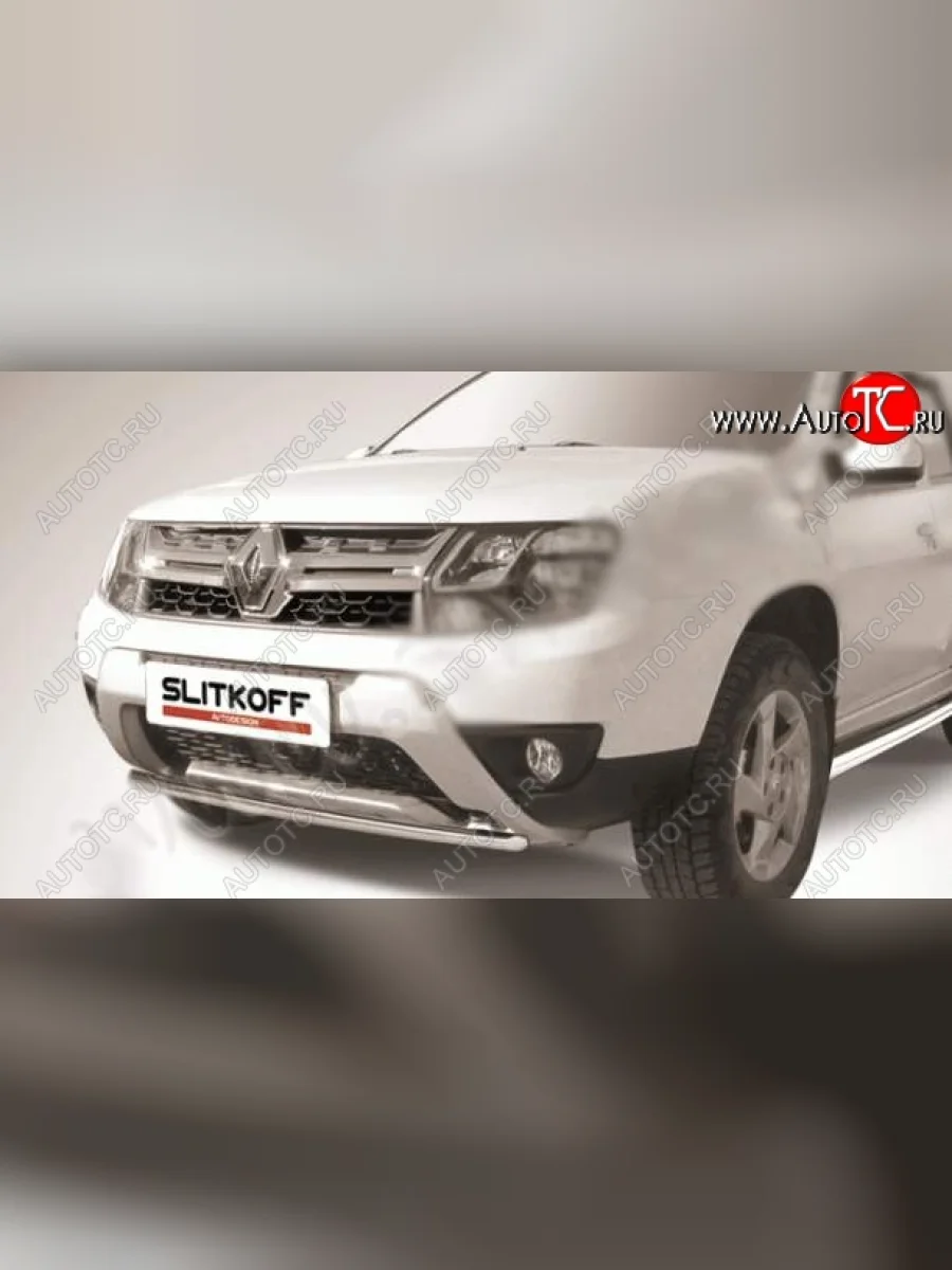 Защита переднего бампер Slitkoff Renault Duster HS рестайлинг (2015-2021) (Цвет: серебристый)  в Керчи Республика Крым
