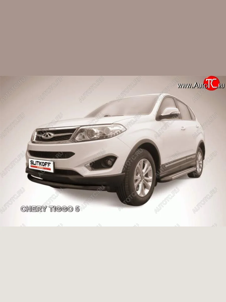 Защита переднего бампера d57 Slitkoff (радиусная) Chery Tiggo 5 (T21) дорестайлинг (2014-2017) (Цвет: серебристый)  с доставкой в г. Керчь