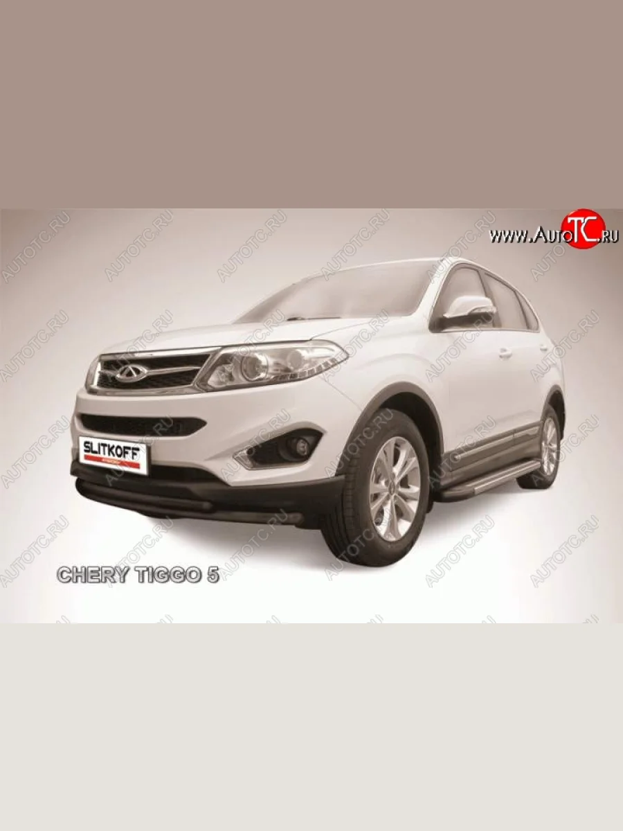 Защита переднего бампера Slitkoff (трубы, d57/d42) Chery Tiggo 5 (T21) дорестайлинг (2014-2017) (Цвет: серебристый)  с доставкой в г. Керчь