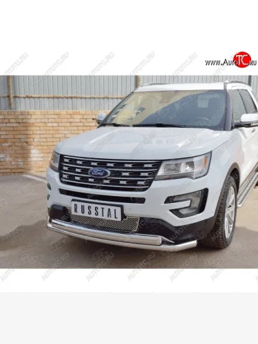 Защита переднего бампера (2 трубыØ63 и 75х42 мм, нержавейка) Russtal Ford Explorer U502 1-ый рестайлинг, 5 дв. (2015-2018)