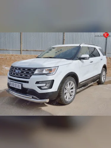 Защита переднего бампера (2 трубыØ76 и 42 мм, нержавейка) SLITKOFF Ford Explorer  U502 (2015-2019) 1-ый рестайлинг, 5 дв., 2-ой рестайлинг, 5 дв.