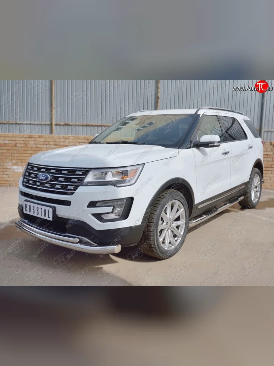 Защита переднего бампера (2 трубыØ76 и 42 мм, нержавейка) SLITKOFF Ford Explorer U502 1-ый рестайлинг, 5 дв. (2015-2018)  в Самаре Самарской области