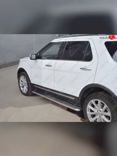Широкая защита порогов с трубой d42 мм с нержавеющим листом SLITKOFF v3 Ford Explorer  U502 (2015-2019) 1-ый рестайлинг, 5 дв., 2-ой рестайлинг, 5 дв.