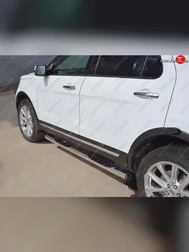 Защита порогов из трубы d76 мм с пластиковыми вставками для ног SLITKOFF v2 Ford Explorer U502 1-ый рестайлинг, 5 дв. (2015-2018)