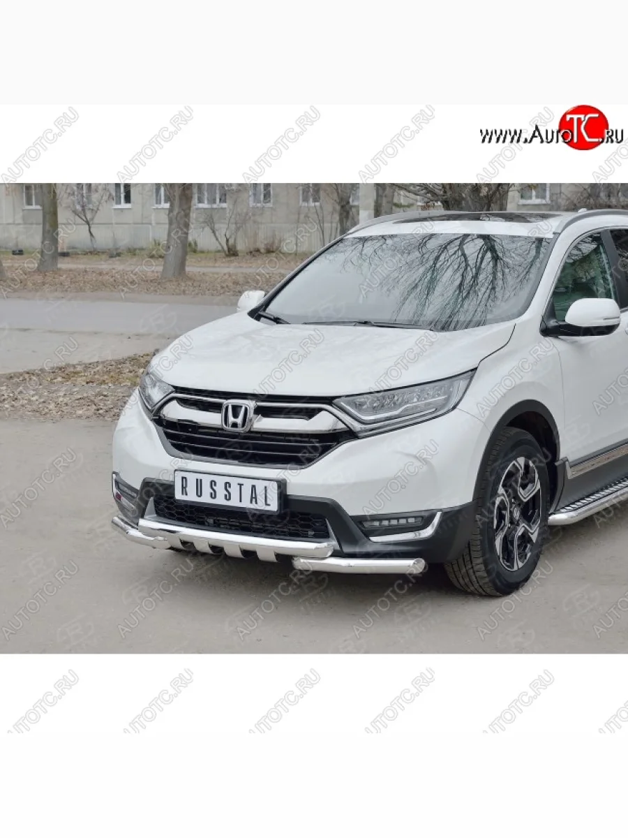 Защита переднего бампера (2 трубы Ø63 мм с зубами, нержавейка) SLITKOFF  Honda CR-V (2016-2020) RW,RT  в Самаре Самарской области