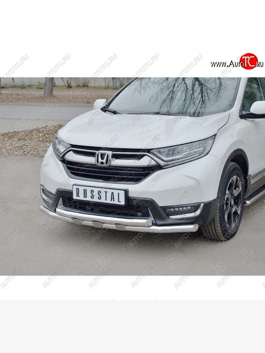 Защита переднего бампера (2 трубыØ63 и 42 мм с декор. элементами, нержавейка) SLITKOFF  Honda CR-V (2016-2020) RW,RT  в Воронеже Воронежской области