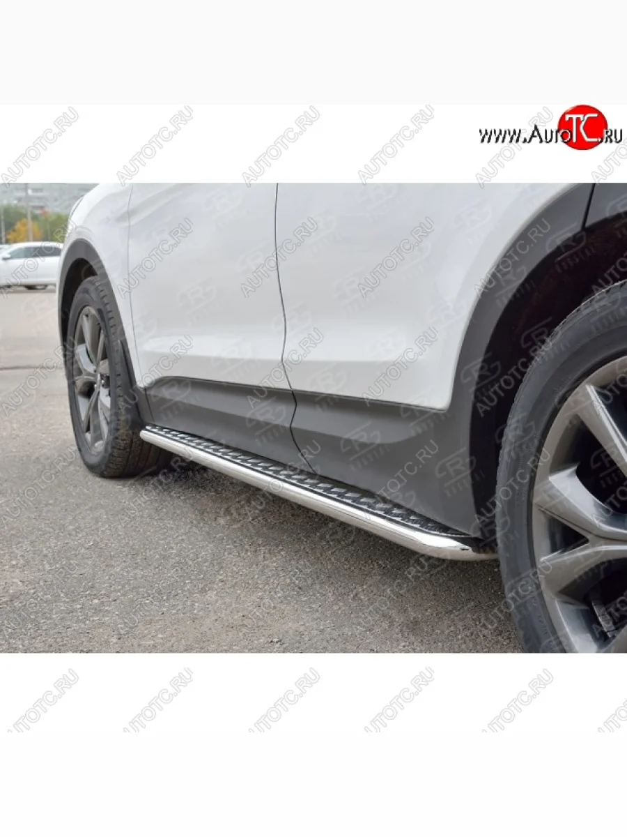 Широкая защита порогов с трубой диаметром 42 мм PREMIUM SLITKOFF v2 Hyundai Santa Fe DM рестайлинг (2015-2019)  в Самаре Самарской области