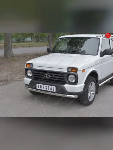 Защита переднего бампера (Ø 76 мм, нержавейка) SLITKOFF Лада ВАЗ нива 4х4 ( 2131,  2121) (2014-2021) Урбан 3 дв. дорестайлинг, Урбан 5 дв. дорестайлинг, Урбан, Урбан 5 дв. рестайлинг