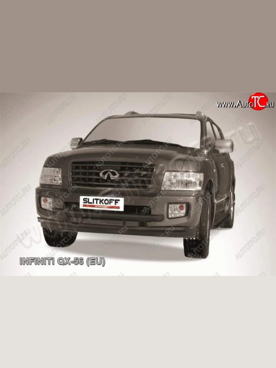 Защита переднего бампера из труб d76+d57 Slitkoff (двойная, высокая) INFINITI QX56 JA60 рестайлинг (2007-2010) (Цвет: серебристый)  с доставкой в г. Керчь