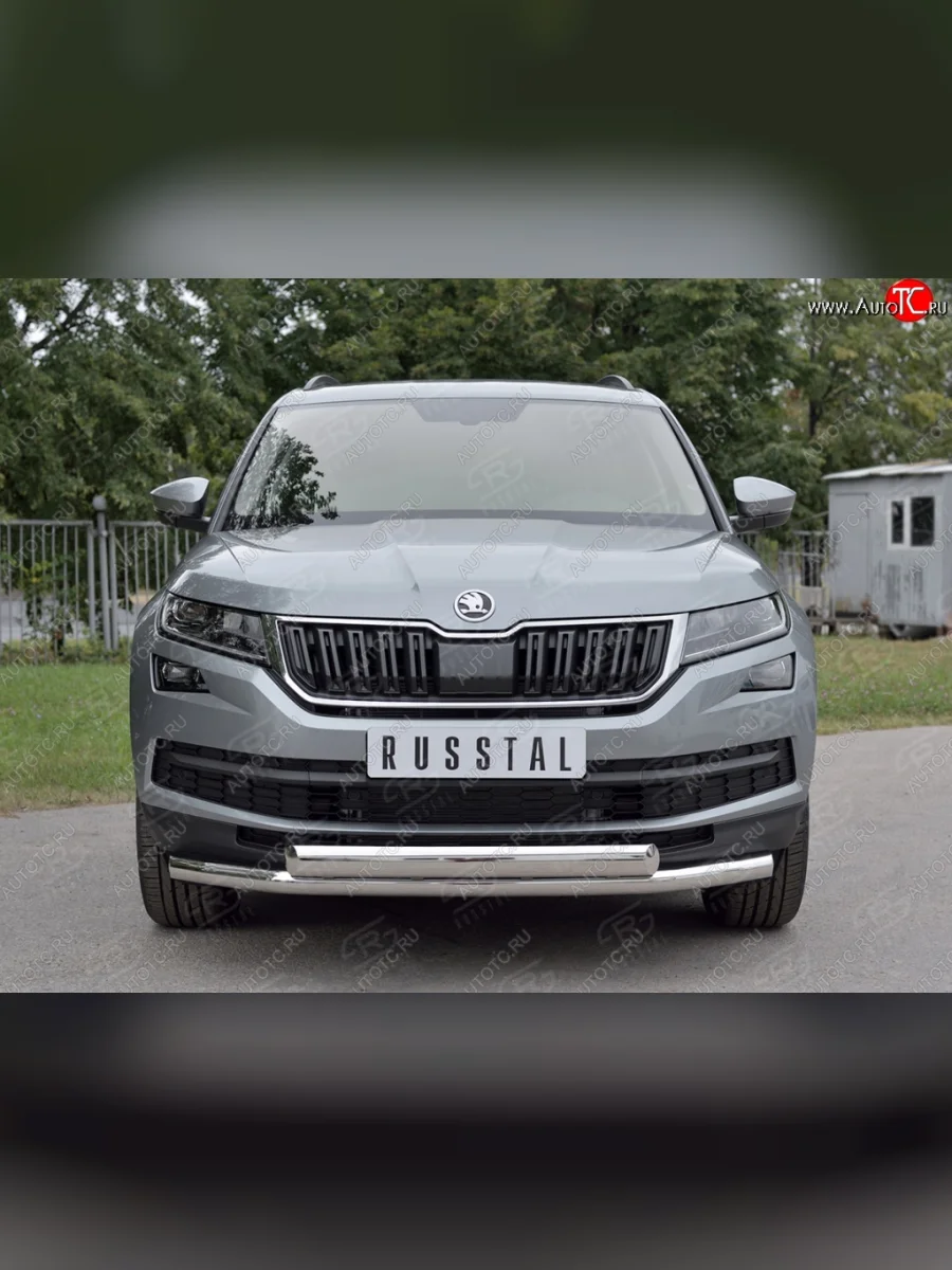 Защита переднего бампера (2 трубы Ø63 и 75х42 мм, нержавейка) Russtal Skoda Kodiaq 1 NS7 дорестайлинг (2017-2021)  в Самаре Самарской области