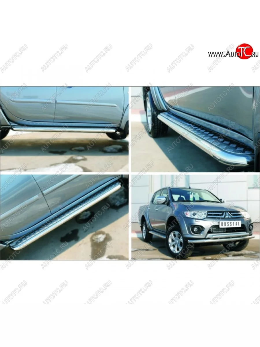 Порожки для ног (Ø63) SLITKOFF Mitsubishi L200 5 KK,KL дорестайлинг (2015-2019) (лист - алюминий, профиль - сталь)  в Перми Пермском крае