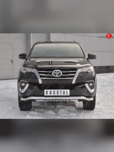 Защита переднего бампера (Ø63 мм волна с недписью, нержавейка) SLITKOFF Toyota Fortuner  AN160 (2015-2020) дорестайлинг