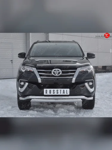 Защита переднего бампера (2 трубы Ø63 и 75х42 мм, нержавейка) Russtal Toyota Fortuner AN160 дорестайлинг (2015-2020)