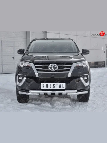 Защита переднего бампера (Ø63 мм с клыками, нержавейка) SLITKOFF Toyota Fortuner  AN160 (2015-2020) дорестайлинг