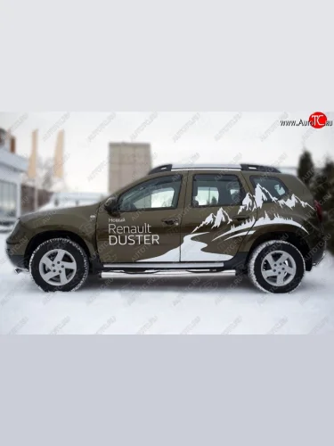 Защита порогов с пластиковыми вставками для ног из круглой трубы диаметром 76 мм SLITKOFF v2 (Сталь с полимерным покрытием. Цвет: серебристый) Renault Duster  HS (2015-2021) рестайлинг