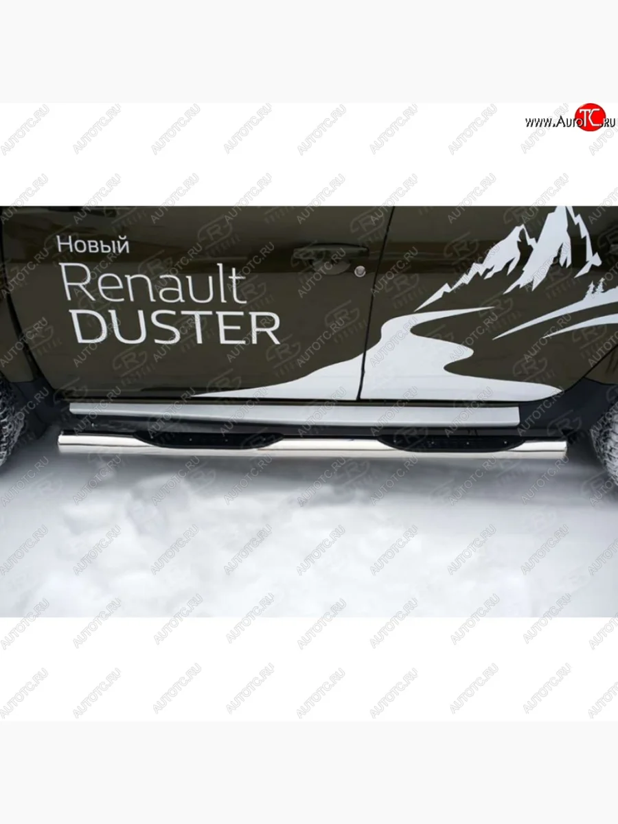 Защита порогов с пластиковыми вставками для ног из круглой трубы диаметром 76 мм SLITKOFF v3 Renault Duster HS рестайлинг (2015-2021)  в Керчи Республика Крым