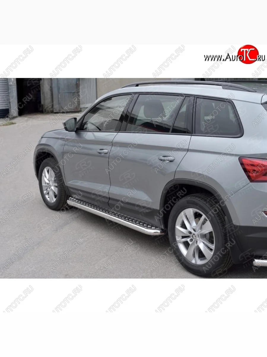 Широкая защита порогов с трубой диаметром 63 мм SLITKOFF v1 Skoda Kodiaq 1 NS7 дорестайлинг (2017-2021)  в Самаре Самарской области
