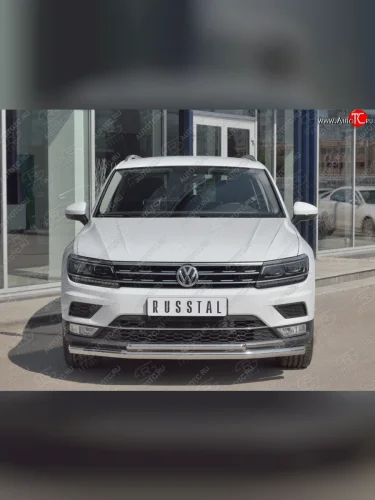 Защита переднего бампера (2 трубы Ø63 и 75х42 мм, нержавейка) Russtal Volkswagen Tiguan Mk2 дорестайлинг (2016-2020)