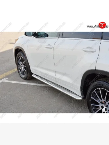 Широкая защита порогов с трубой диаметром 42 мм SLITKOFF v2 Toyota Highlander  XU50 (2013-2017) дорестайлинг