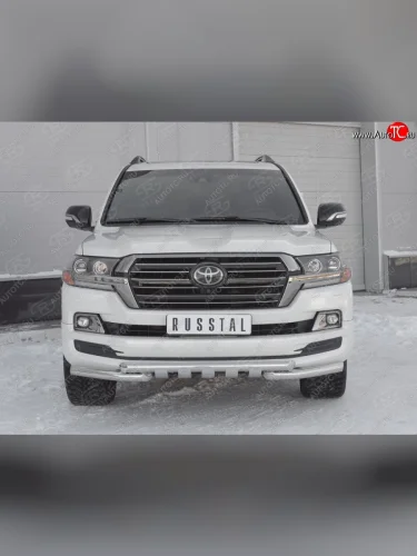 Защита переднего бампера (2 трубы Ø63 мм с зубами, нержавейка) SLITKOFF Toyota Land Cruiser  200 (2015-2021) 2-ой рестайлинг