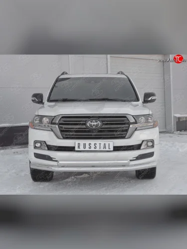 Защита переднего бампера (2 трубы Ø76 и 75х42 мм, нержавейка) SLITKOFF Toyota Land Cruiser  200 (2015-2021) 2-ой рестайлинг