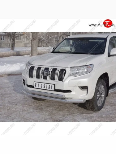 Защита переднего бампера (2 трубыØ76 и 75х42 мм, нержавейка) Russtal Toyota Land Cruiser Prado J150 2-ой рестайлинг (2017-2020)