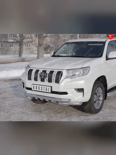 Защита переднего бампера (2 трубы Ø76 мм с зубами, нержавейка) SLITKOFF Toyota Land Cruiser Prado  J150 (2017-2020) 2-ой рестайлинг