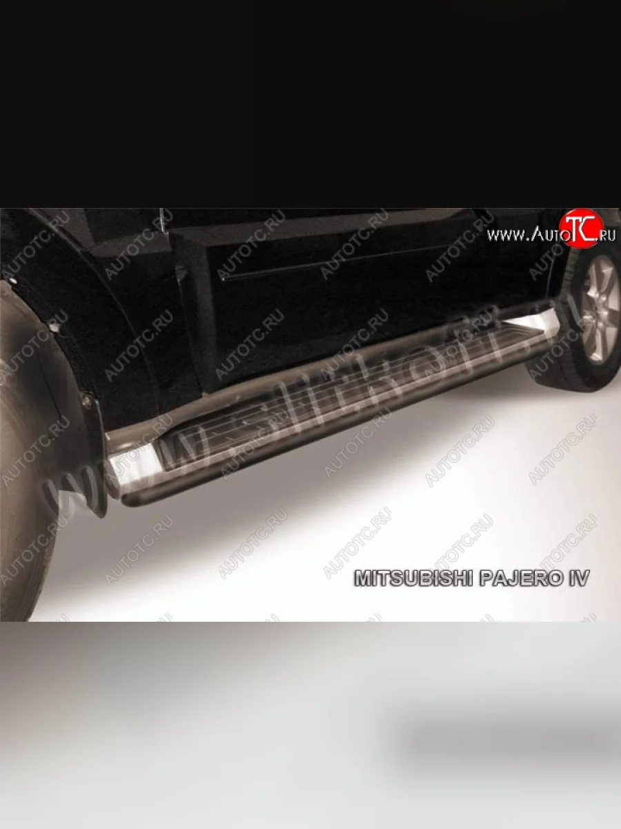 Защита штатного порога d42 Slitkoff Mitsubishi Pajero 4 V90 дорестайлинг (2006-2011) (Цвет: серебристый)  в Воронеже Воронежской области