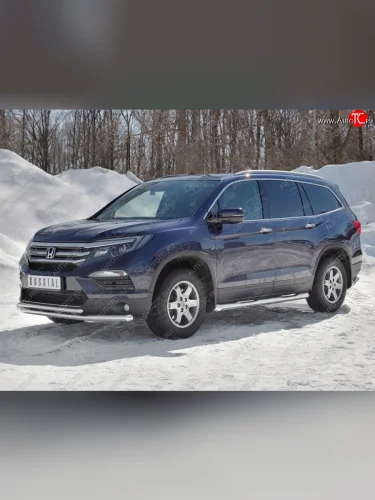 Защита переднего бампера (2 трубы Ø63 и 42 мм, нержавейка) SLITKOFF Honda Pilot  YF6 (2016-2019) дорестайлинг