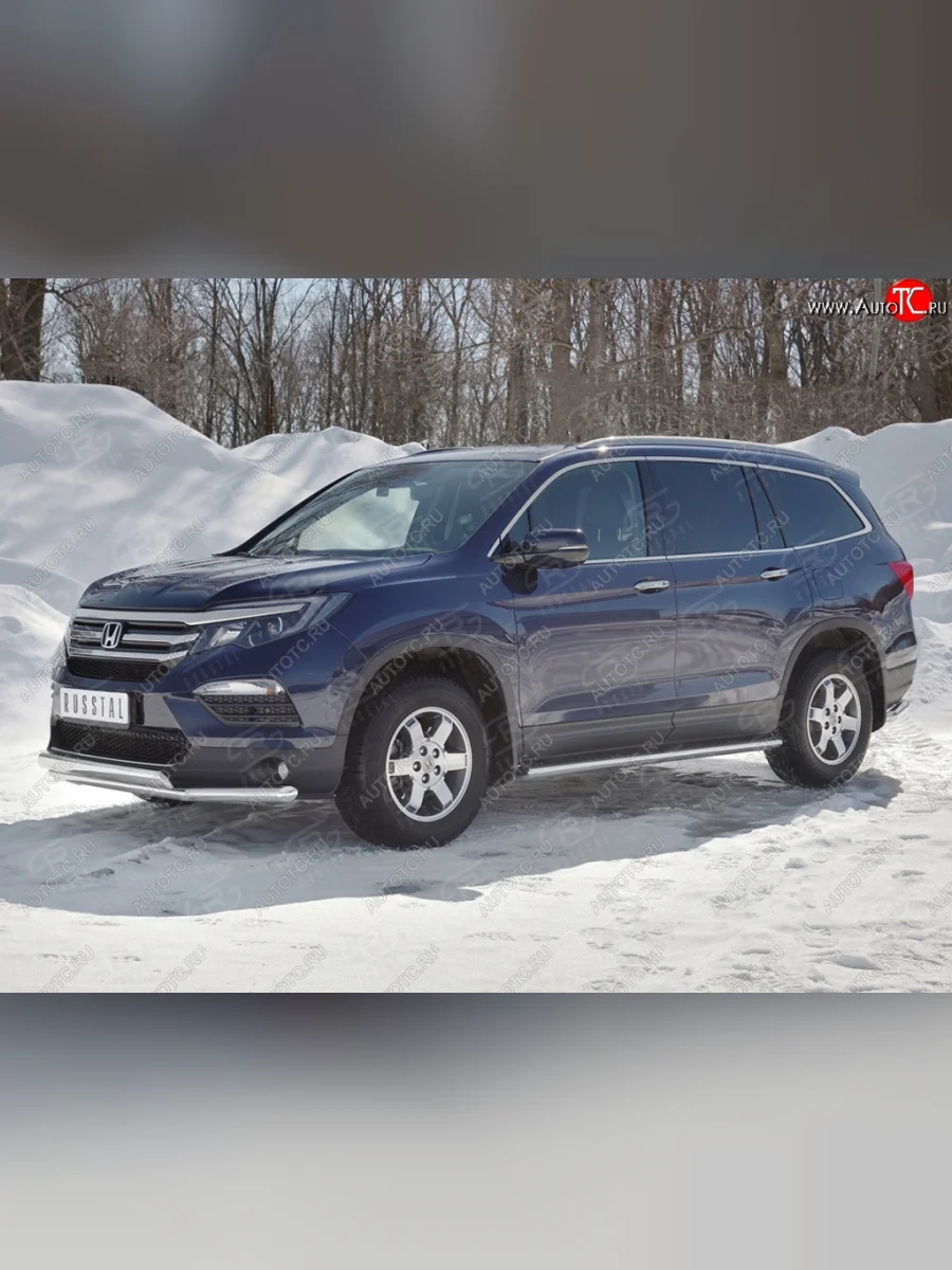 Защита переднего бампера (2 трубы Ø63 и 75х42 мм, нержавейка) Russtal Honda Pilot YF6 дорестайлинг (2016-2019)  в Керчи Республика Крым