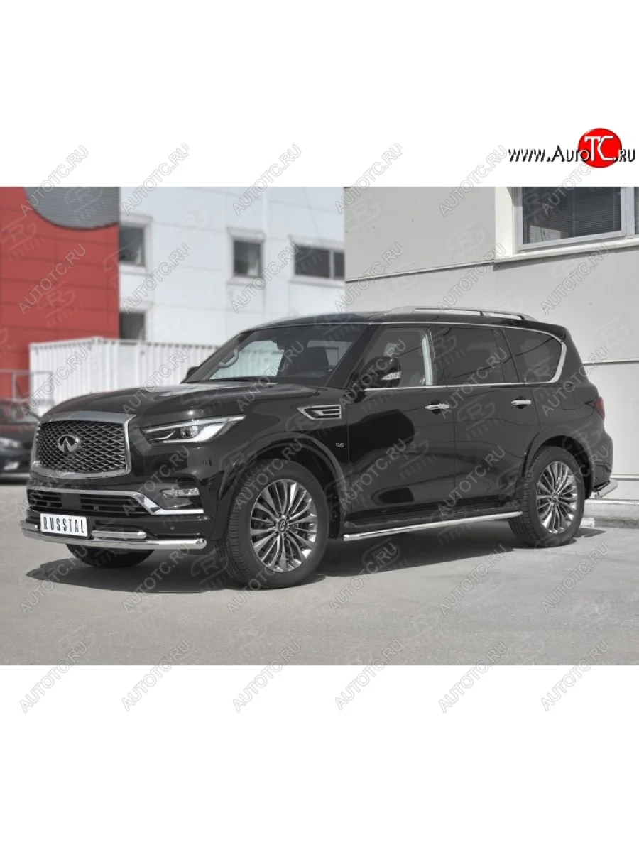 Защита переднего бампера (2 трубы Ø63 и 42 мм, нержавейка) SLITKOFF INFINITI QX80 Z62 2-ой рестайлинг (2018-2024)  с доставкой в г. Керчь