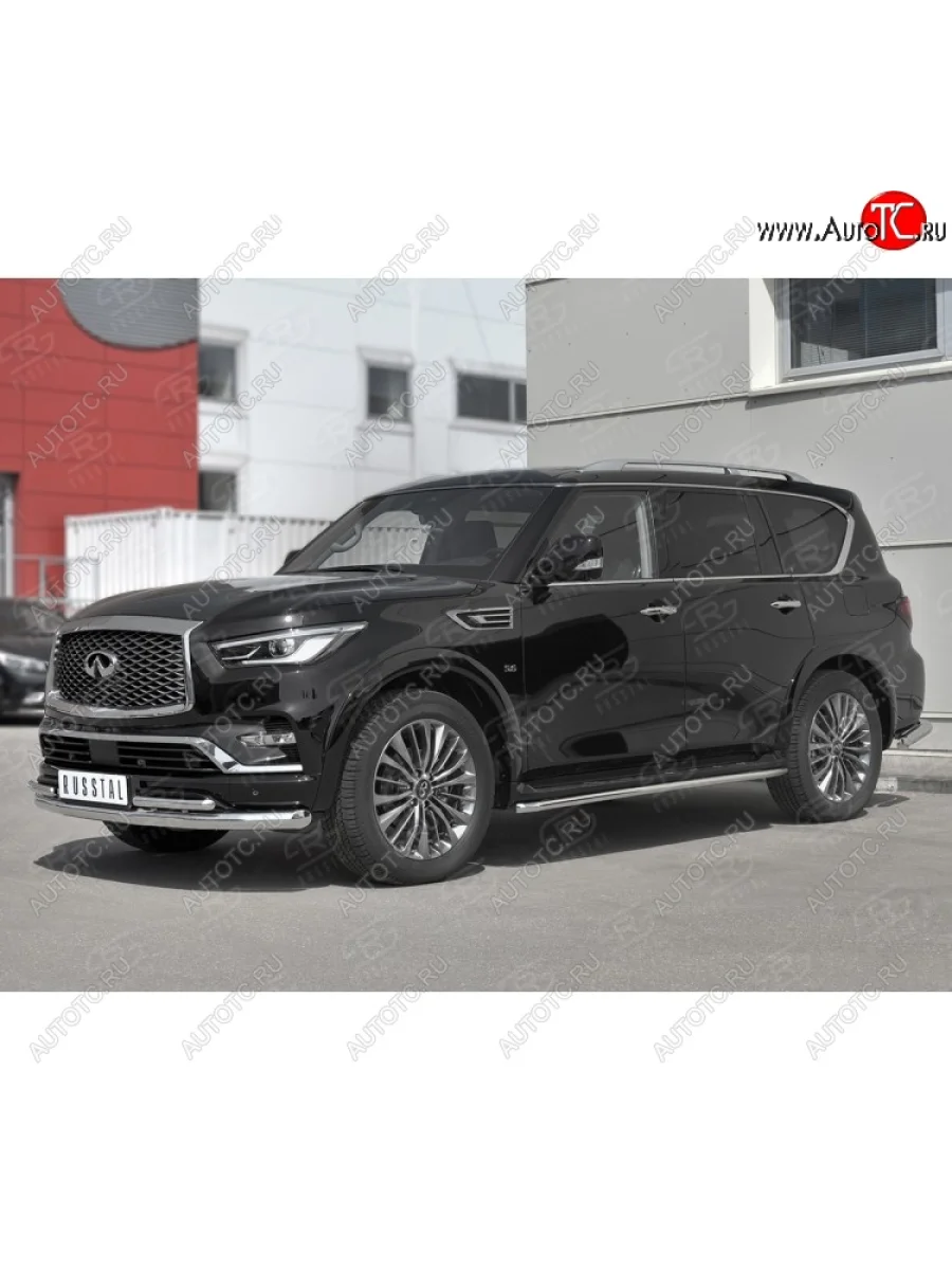 Защита переднего бампера (2 трубы Ø76 и 42 мм, нержавейка) SLITKOFF INFINITI QX80 Z62 2-ой рестайлинг (2018-2024)  в Перми Пермском крае