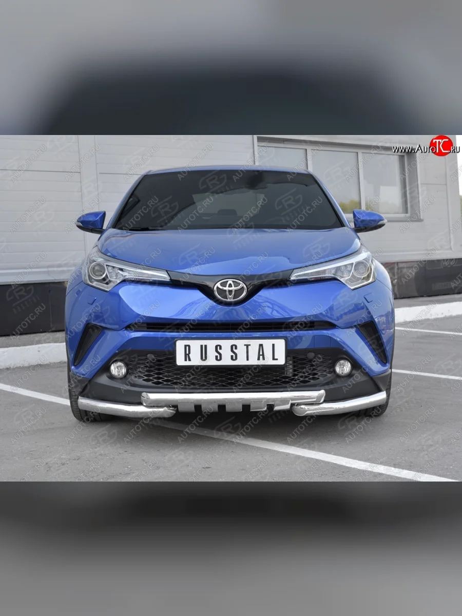 Защита переднего бампера (Ø63 мм с клыками, нержавейка) SLITKOFF Toyota C-HR NGX10, ZGX10 дорестайлинг (2016-2019)  в Воронеже Воронежской области