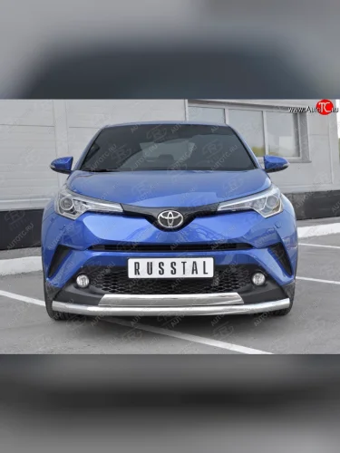 Защита переднего бампера (2 трубы Ø63 и 75х42 мм, нержавейка) SLITKOFF Toyota C-HR  NGX10, ZGX10 (2016-2019) дорестайлинг