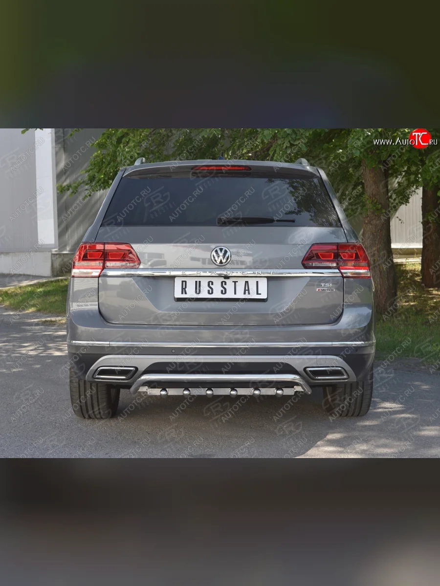 Защита заднего бампера (Ø42 мм, волна+зубы, нержавейка) SLITKOFF Volkswagen Teramont 1 CA1 дорестайлинг (2016-2020)  в Керчи Республика Крым