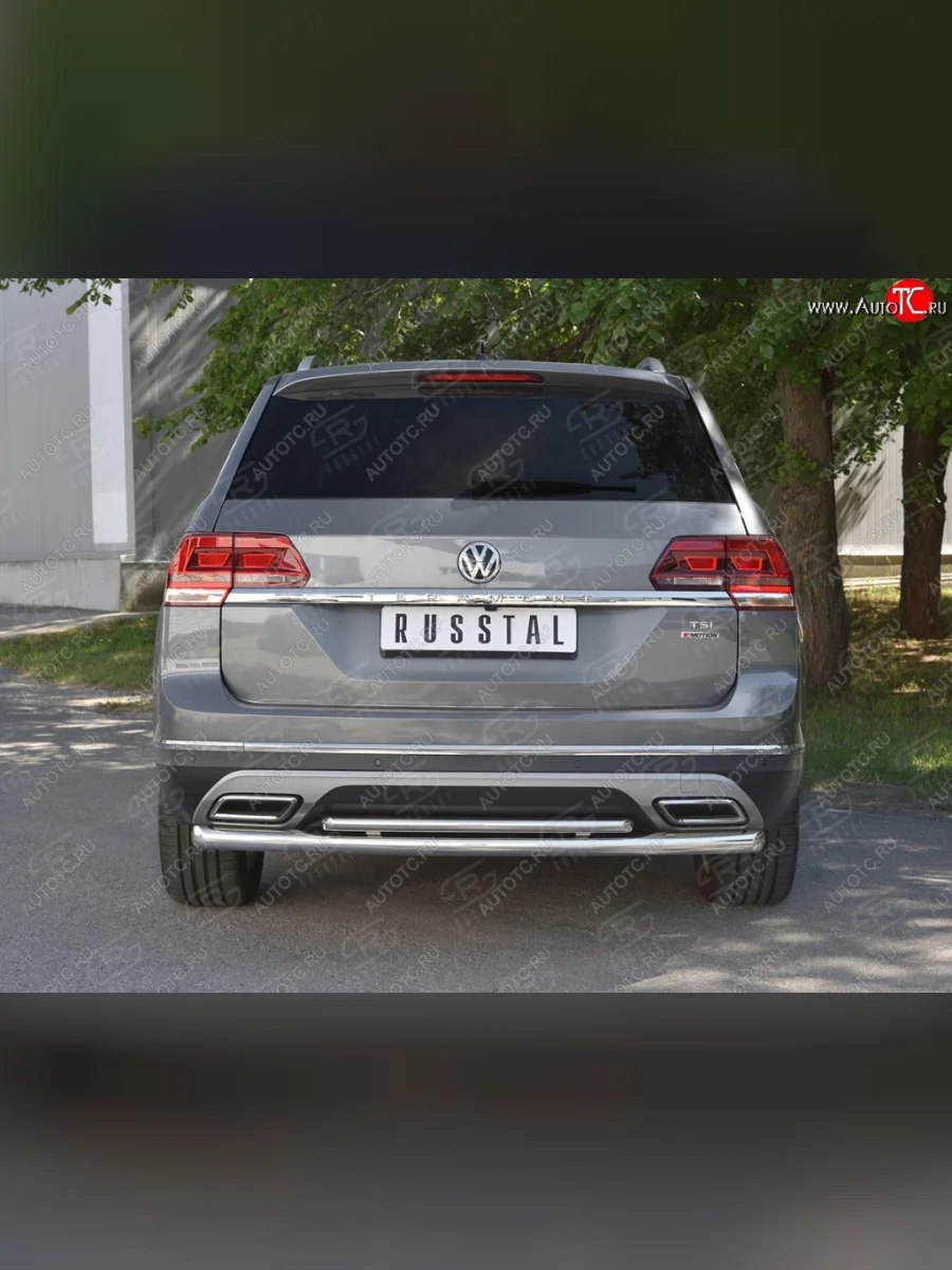 Защита заднего бампера (2 трубы Ø63 и 42 мм, нержавейка) SLITKOFF Volkswagen Teramont 1 CA1 дорестайлинг (2016-2020)  в Керчи Республика Крым