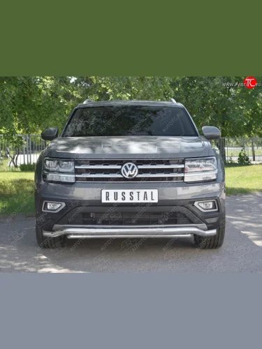 Защита переднего бампера (2 трубы Ø63 и 42 мм, нержавейка) SLITKOFF Volkswagen Teramont  CA1 (2016-2020) дорестайлинг