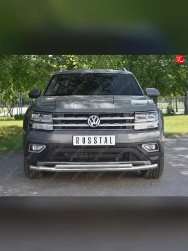 Защита переднего бампера (2 трубы Ø63 и 42 мм, нержавейка) SLITKOFF Volkswagen Teramont  CA1 (2016-2020) дорестайлинг
