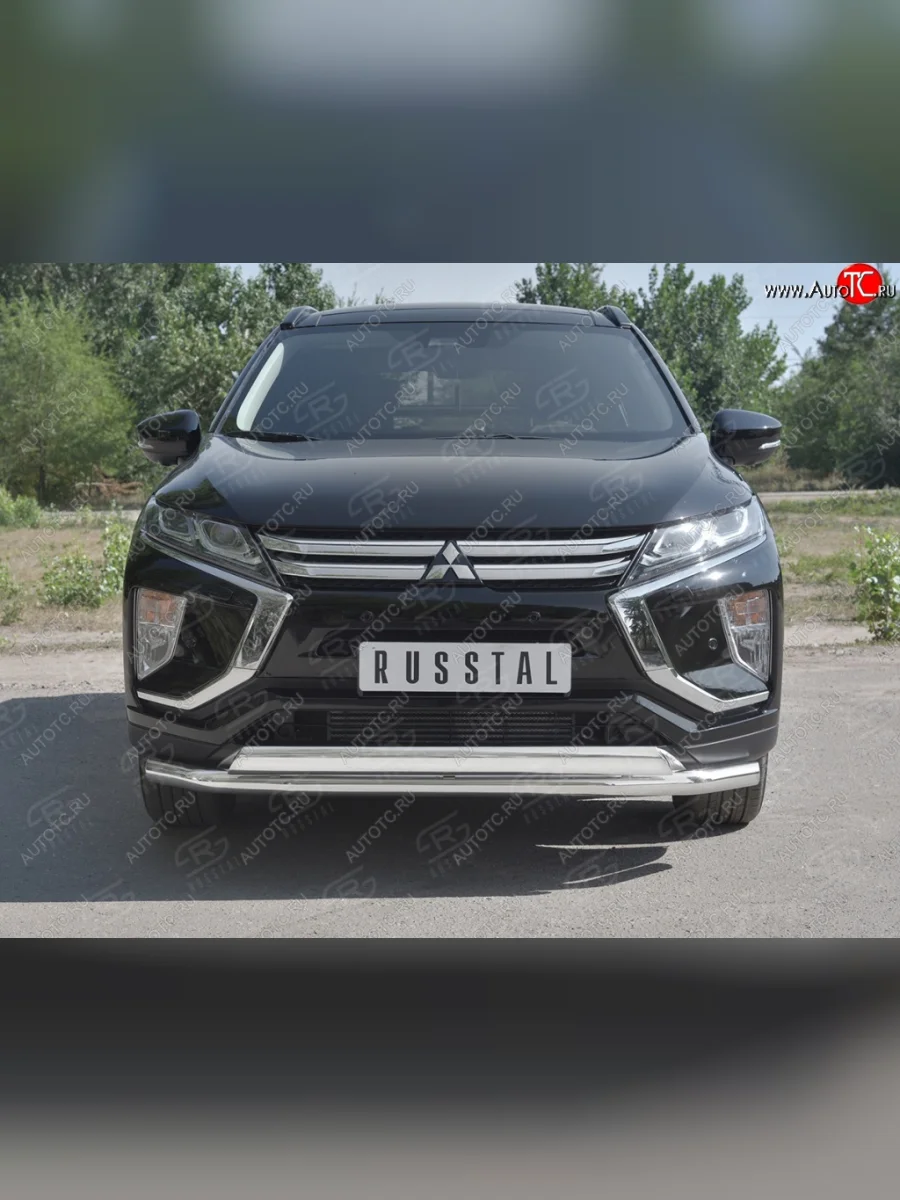 Защита переднего бампера (2 трубы Ø63 и 75х42 мм, нержавейка) SLITKOFF Mitsubishi Eclipse Cross GK дорестайлинг (2017-2021)  в Керчи Республика Крым