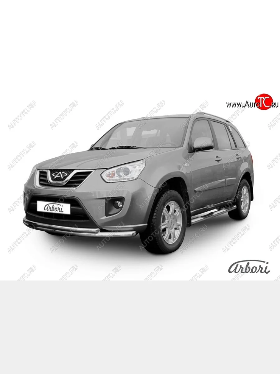 Двойная защита переднего бампера Arbori (легированная сталь, 2 трубы d57+42 mm) Chery Tiggo T11 рестайлинг (2013-2016)  с доставкой в г. Керчь
