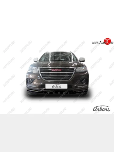 Защита переднего бампера Arbori (с декоративными элементами, черная, 2 трубы d57 и 57 mm) Haval H2 (2014-2021)